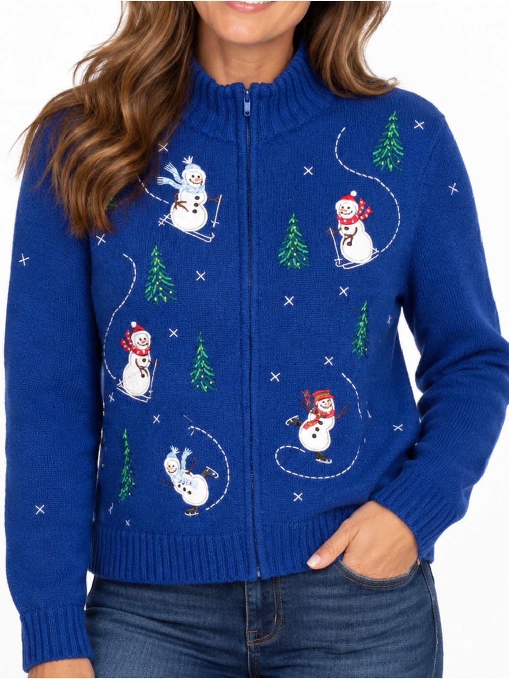 Crystal-Kobe Vintage Snowman Ugly Christmas Zip Sweater Ramie Cotton M